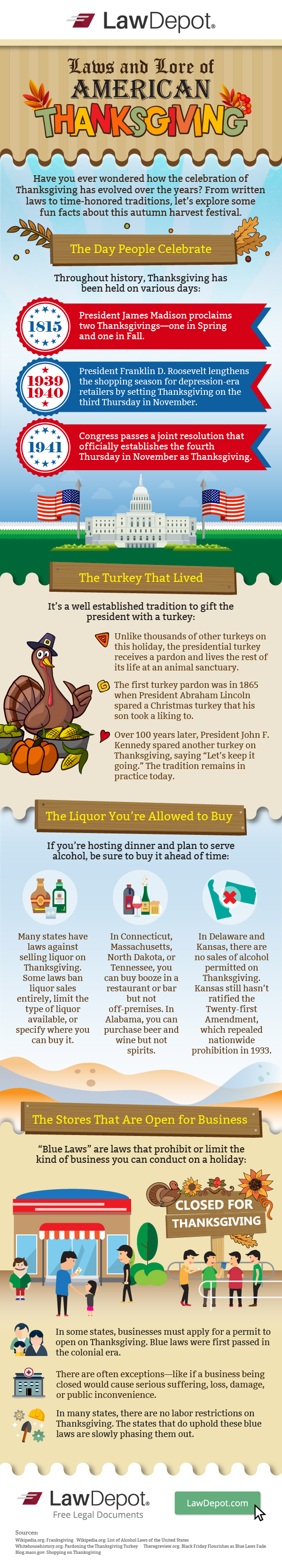 Have you ever wondered how the celebration of Thanksgiving has evolved over the years? From written laws to time-honored traditions, let’s explore some fun facts about this autumn harvest festival. 
The Day People Celebrate
Throughout history, Thanksgiving has been held on various days:
1815: President James Madison proclaims two Thanksgivings—one in spring and one in fall. 
1939-1940: President Franklin D. Roosevelt lengthens the shopping season for depression-era retailers by setting Thanksgiving on the third Thursday in November.
1941: Congress passes a joint resolution that officially establishes the fourth Thursday in November as Thanksgiving. 
The Turkey That Lived
It’s a well-established tradition to gift the president with a turkey: 
Unlike thousands of other turkeys on this holiday, the presidential turkey receives a pardon and lives the rest of its life at an animal sanctuary.
The first turkey pardon was in 1865 when President Abraham Lincoln spared a Christmas turkey that his son took a liking to.
Over 100 years later, President John F. Kennedy spared another turkey on Thanksgiving, saying “Let’s keep it going.” The tradition remains in practice today.
The Liquor You’re Allowed to Buy
If you’re hosting dinner and plan to serve alcohol, be sure to buy it ahead of time:
Many states have laws against selling liquor on Thanksgiving. Some laws ban liquor sales entirely, limit the type of liquor available, or specify where you can buy it.
In Connecticut, Massachusetts, North Dakota, or Tennessee, you can buy booze in a restaurant or bar but not off-premises. In Alabama, you can purchase beer and wine but not spirits.
In Delaware and Kansas,there are no sales of alcohol permitted on Thanksgiving. Kansas still hasn’t ratified the Twenty-first Amendment, which repealed nationwide prohibition in 1933.
The Stores That Are Open for Business
“Blue Laws” are laws that prohibit or limit the kind of business you can conduct on a holiday:
In some states, businesses must apply for a permit to open on Thanksgiving. Blue laws were first passed in the colonial era. 
There are often exceptions—like if a business being closed would cause serious suffering, loss, damage, or public inconvenience. 
In many states, there are no labor restrictions on Thanksgiving. The states that do uphold these blue laws are slowly phasing them out.